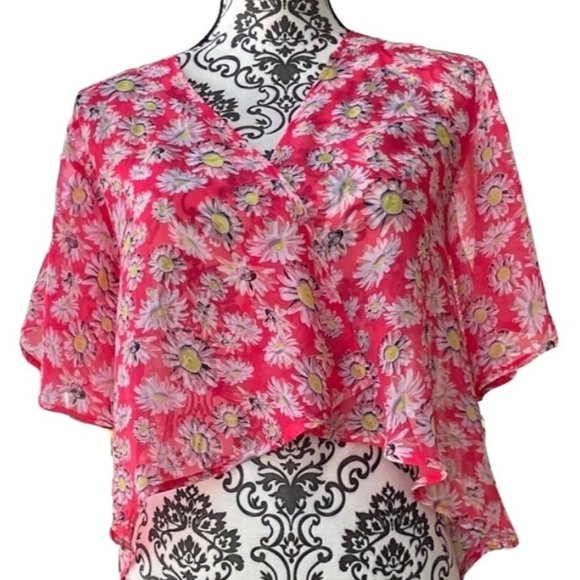 BELLA DU JOUR SHEER FLOWY PINK FLORAL OPEN BLOUSE WOMENS SIZE XL - Picture 3 of 10